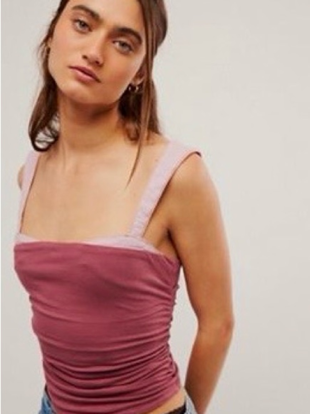 Free People Sleeveless Ruched Tube Top in Mauve with Light Pink Straps